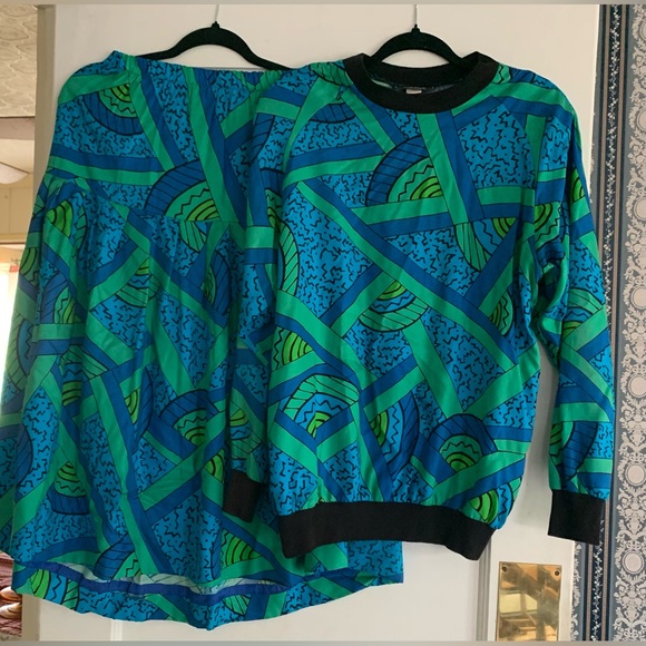Vtg 80s Private Club Top Skirt Set Multicolor Lg Green Blue Turquoise Retro - Picture 11 of 15